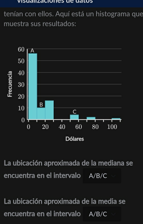 visualizaciónes de datos 
tenían con ellos. Aquí está un histograma que 
muestra sus resultados: 
La ubicación aproximada de la mediana se 
encuentra en el intervalo A/B/C
La ubicación aproximada de la media se 
encuentra en el intervalo A/B/C