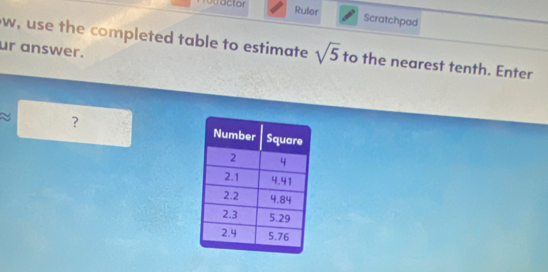 rotractor Ruier Scratchpad 
w, use the completed table to estimate sqrt(5) to the nearest tenth. Enter 
ur answer. 
?