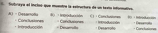 Subraya el inciso que muestre la estructura de un texto informativo.
A) ， Desarrollo B) · Introducción C) • Conclusiones D) · Introducción
Conclusiones Conclusiones Introducción Desarrollo
Introducción Desarrollo Desarrollo Conclusiones