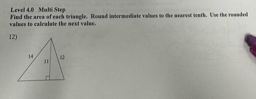 Level 4.0 Multi Step 
Find the area of each triangle. Round intermediate values to the nearest tenth. Use the rounded 
values to calculate the next value. 
12)