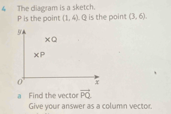 The diagram is a sketch.
P is the point (1,4). Q is the point (3,6).
y
XQ
XP
0
x
a Find the vector vector PQ. 
Give your answer as a column vector.