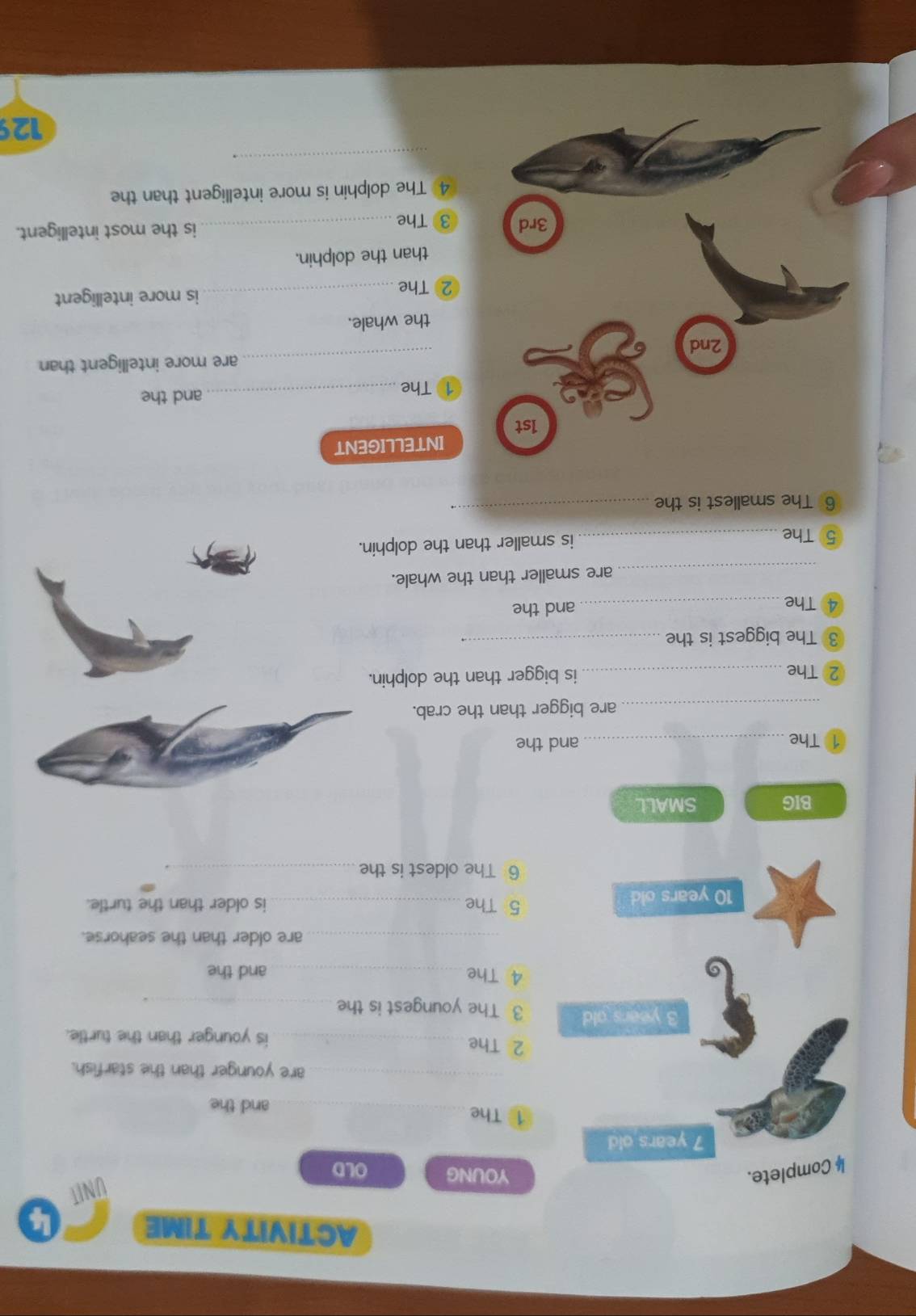 ACTIVITY TIME 4 
4 Complete. YOUNG OLD
7 years old 
⑩ The_ and the 
_ 
are younger than the starfish. 
2 The_ is younger than the turtle. 
3 years old 3 The youngest is the_ 
4 The _and the 
_are older than the seahorse. 
5 The
10 years old _is older than the turtle. 
6 The oldest is the_ 
BIG SMALL 
1 The _and the 
_are bigger than the crab. 
② The _is bigger than the dolphin. 
③ The biggest is the_ 
④The_ and the 
_ 
are smaller than the whale. 
⑤ The_ is smaller than the dolphi 
6 The smallest is the 
_ 
INTELLIGENT
1st
1 The 
_and the 
2nd _are more intelligent than 
the whale. 
2 The _is more intelligent 
than the dolphin. 
3rd 3 The_ 
is the most intelligent. 
4 The dolphin is more intelligent than the 
_
129