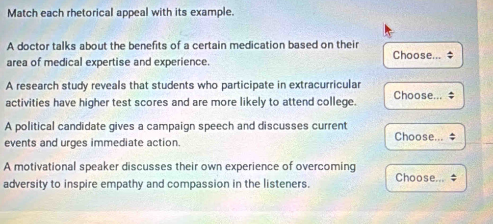 Solved: Match each rhetorical appeal with its example. A doctor talks ...