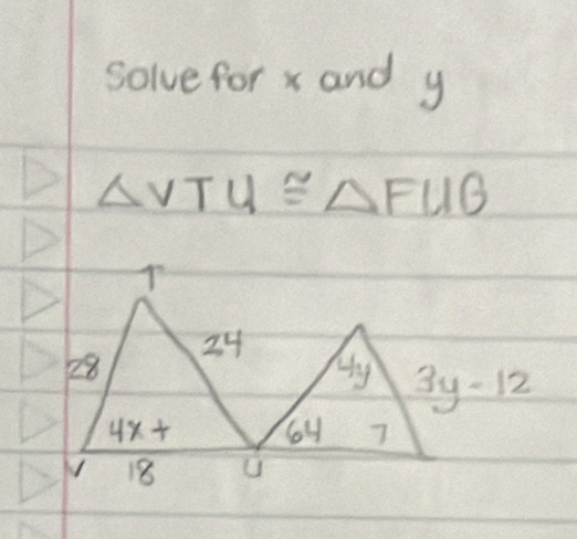 solve for x and y
△ VTU≌ △ FUG