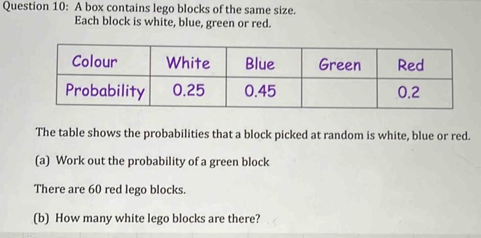 A box contains lego blocks of the same size. 
Each block is white, blue, green or red. 
The table shows the probabilities that a block picked at random is white, blue or red. 
(a) Work out the probability of a green block 
There are 60 red lego blocks. 
(b) How many white lego blocks are there?