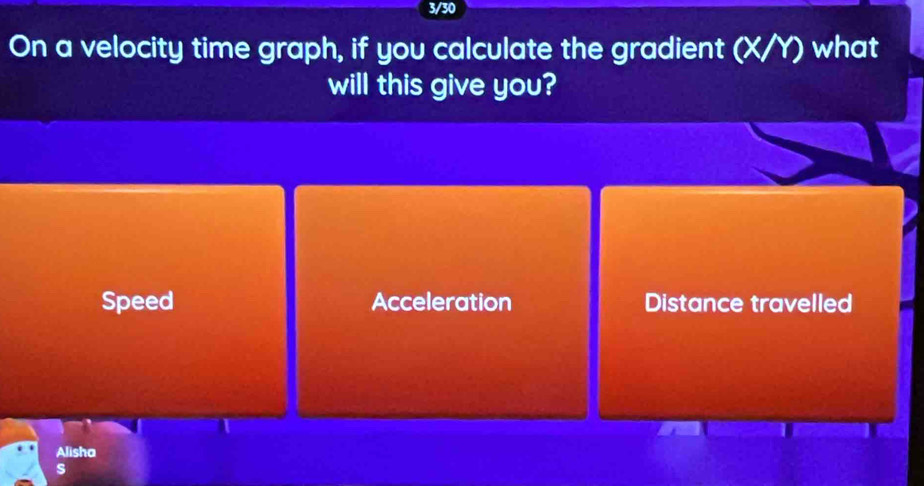 3/30
On a velocity time graph, if you calculate the gradient (X/Y) what
will this give you?
Speed Acceleration Distance travelled
Alisha
s