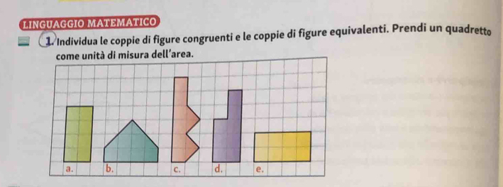 LINGUAGGIO MATEMATICO 
1. Individua le coppie di figure congruenti e le coppie di figure equivalenti. Prendi un quadretto 
come unità di misura dell’area.