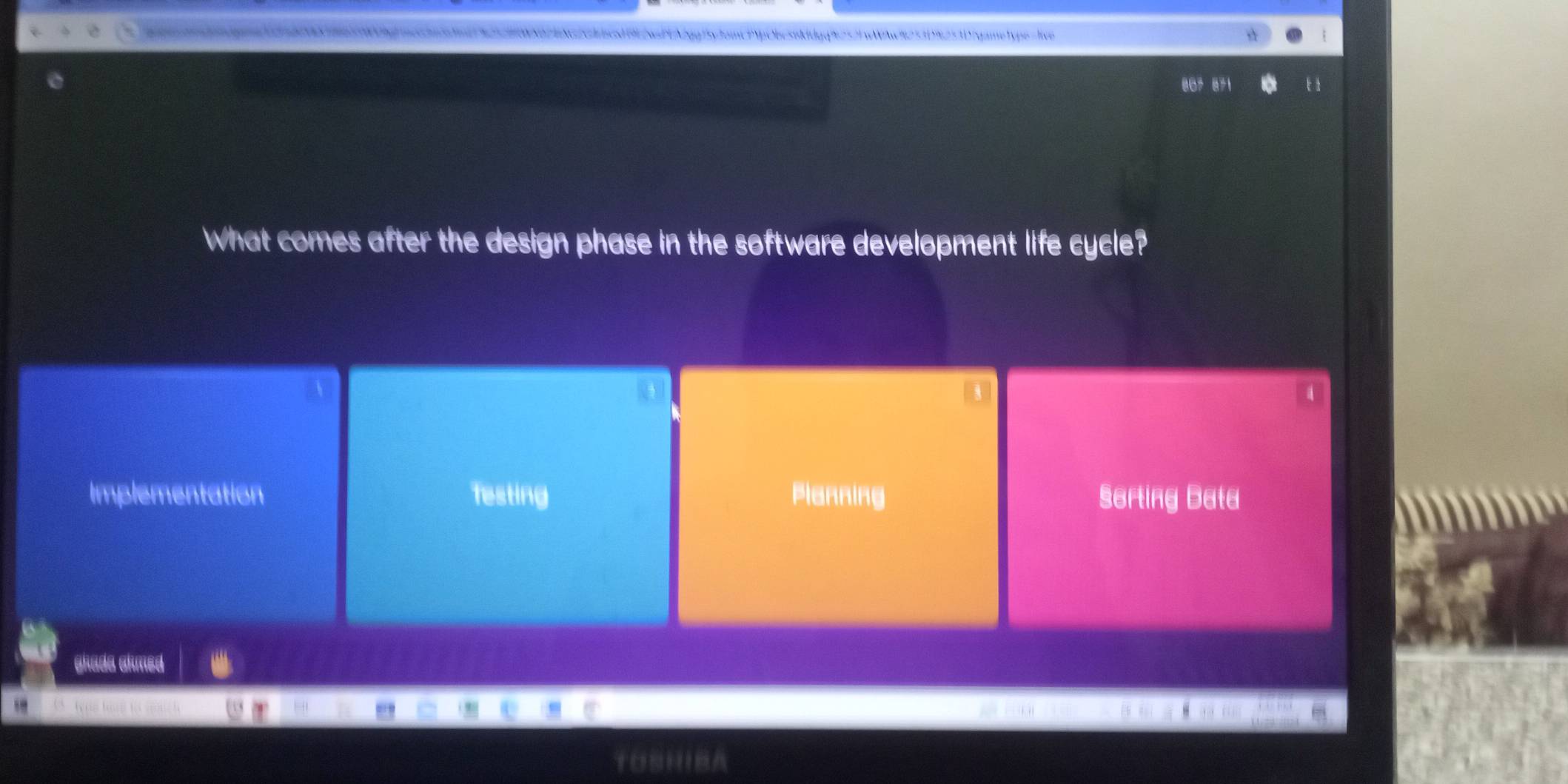 <<t D9 s 3 D|gametype =live
 dc
t 
What comes after the design phase in the software development life cycle?
Implementation Testing Planning Serting Bata
ghada akmed