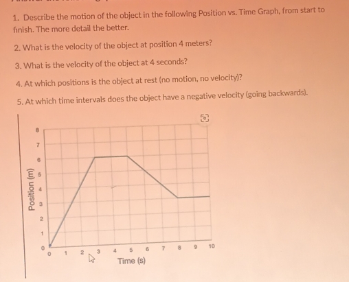 Describe the motion of the object in the following Position vs. Time Graph, from start to 
finish. The more detail the better. 
2. What is the velocity of the object at position 4 meters? 
3. What is the velocity of the object at 4 seconds? 
4. At which positions is the object at rest (no motion, no velocity)? 
5. At which time intervals does the object have a negative velocity (going backwards). 
Tim