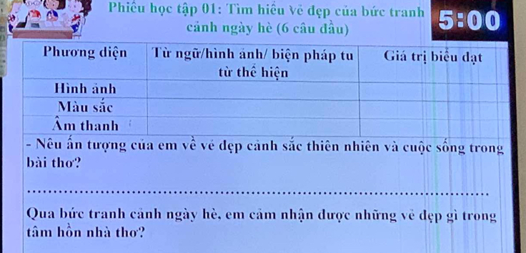 Phiều học tập 01: Tìm hiều Về đẹp của bức tranh 5:00
cảnh ngày hè (6 câu đầu) 
- Nêu ấn tượng của em về vé dẹp cảnh sắc thiên nhiên và cuộc sống trong 
bài thơ? 
Qua bức tranh cảnh ngày hè, em cảm nhận được những về đẹp gì trong 
tâm hồn nhà thơ?