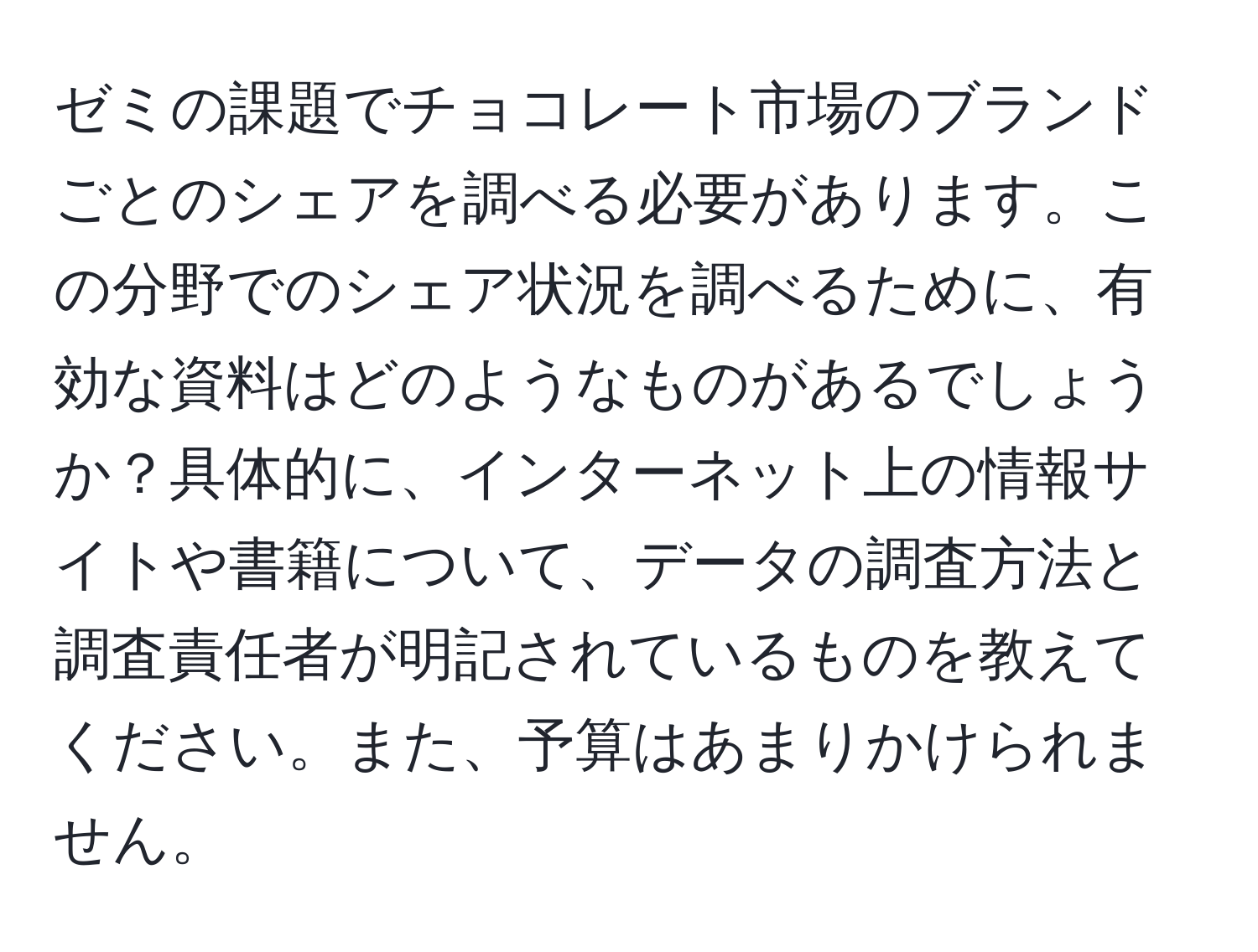 ゼミの課題でチョコレート市場のブランドごとのシェアを調べる必要があります。この分野でのシェア状況を調べるために、有効な資料はどのようなものがあるでしょうか？具体的に、インターネット上の情報サイトや書籍について、データの調査方法と調査責任者が明記されているものを教えてください。また、予算はあまりかけられません。