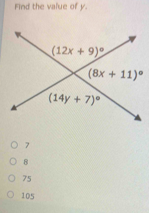 Find the value of y.
7
8
75
105