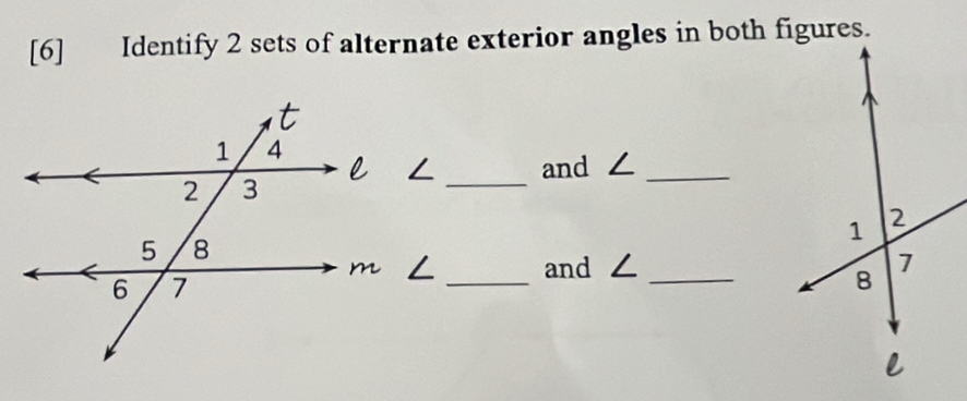 [6] Identify 2 sets of alternate exterior angles in both figures. 
_ 
and ∠_ 
∠ and ∠ _ 
_