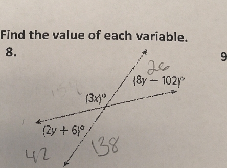 Find the value of each variable.
8.
9