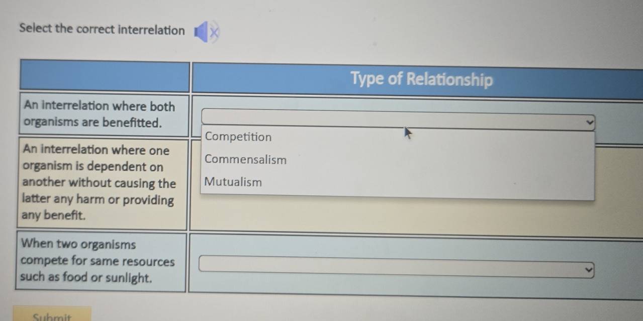 Select the correct interrelation 
Submit