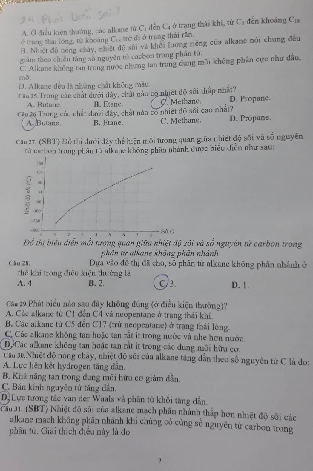 A. Ở điều kiện thường, các alkane từ C_1 đến C_4 ở trạng thái khí, từ C_5 đến khoảng C_18
ở trạng thái lỏng, từ khoảng C 18 trở đ ở trạng thái rắn.
B. Nhiệt độ nóng chảy, nhiệt độ sôi và khổi lượng riêng của alkane nói chung đều
giảm theo chiều tăng số nguyên tử cacbon trong phân tử.
C. Alkane không tan trong nước nhưng tan trong dung môi không phân cực như dầu,
mỡ.
D. Alkane đều là những chất không màu.
Cầu 25.Trong các chất dưới đây, chất nào có nhiệt độ sôi thấp nhất?
A. Butane. B. Etane. C. Methane. D. Propane.
Câu 26. Trong các chất dưới đây, chất nào có nhiệt độ sôi cao nhất?
A. Butane. B. Etane. C. Methane. D. Propane.
Câu 27. (SBT) Đồ thị dưới đây thể hiện mối tương quan giữa nhiệt độ sôi và số nguyên
tử carbon trong phân tử alkane không phân nhánh được biểu diễn như sau:
Đồ thị biểu diễn mối tương quan giữa nhiệt độ sôi và số nguyên tử carbon trong
phân tử alkane không phân nhánh
Câu 28.  Dựa vào đồ thị đã cho, số phân tử alkane không phân nhánh ở
thể khí trong điều kiện thường là
A. 4. B. 2. C)3. D. 1.
Cầu 29.Phát biểu nào sau đây không đúng (ở điều kiện thường)?
A. Các alkane từ C1 đến C4 và neopentane ở trạng thái khí.
B. Các alkane từ C5 đến C17 (trừ neopentane) ở trạng thái lỏng.
C Các alkane không tan hoặc tan rất ít trong nước và nhẹ hơn nước.
DộCác alkane không tan hoặc tan rất ít trong các dung môi hữu cơ.
Cầu 30.Nhiệt độ nóng chảy, nhiệt độ sôi của alkane tăng dần theo số nguyên tử C là do:
A. Lực liên kết hydrogen tăng dần.
B. Khả năng tan trong dung môi hữu cơ giảm dần.
C. Bán kính nguyên tử tăng dần.
D)Lực tương tác van der Waals và phân tử khối tăng dần.
Cầu 31. (SBT) Nhiệt độ sôi của alkane mạch phân nhánh thấp hơn nhiệt độ sôi các
alkane mạch không phân nhánh khi chúng có cùng số nguyên tử carbon trong
phân tử. Giải thích điều này là do