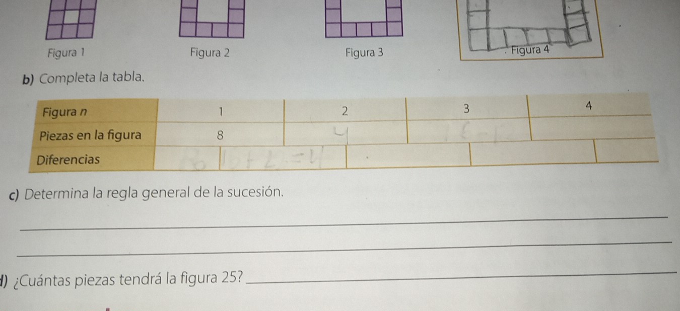 Figura 1 Figura 2 Figura 3 
b) Completa la tabla. 
c) Determina la regla general de la sucesión. 
_ 
_ 
¿Cuántas piezas tendrá la figura 25? 
_