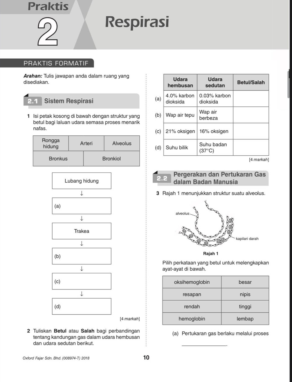 Praktis
2
Respirasi
PRAKTIS FORMATIF
Arahan: Tulis jawapan anda dalam ruang yang
disediakan. 
2.1 Sistem Respirasi 
1 Isi petak kosong di bawah dengan struktur yang 
betul bagi laluan udara semasa proses menarik
nafas. 
Rongga Arteri Alveolus 
hidung
Bronkus Bronkiol
Pergerakan dan Pertukaran Gas
Lubang hidung 2.2 dalam Badan Manusia
3 Rajah 1 menunjukkan struktur suatu alveolus.
(a)
Trakea
(b)
Pilih perkataan yang betul untuk melengkapkan
ayat-ayat di bawah.
(c) 
(d) 
[4 markah]
2 Tuliskan Betul atau Salah bagi perbandingan (a) Pertukaran gas berlaku melalui proses
tentang kandungan gas dalam udara hembusan
dan udara sedutan berikut.
_
Oxford Fajar Sdn. Bhd. (008974-T) 2018
10