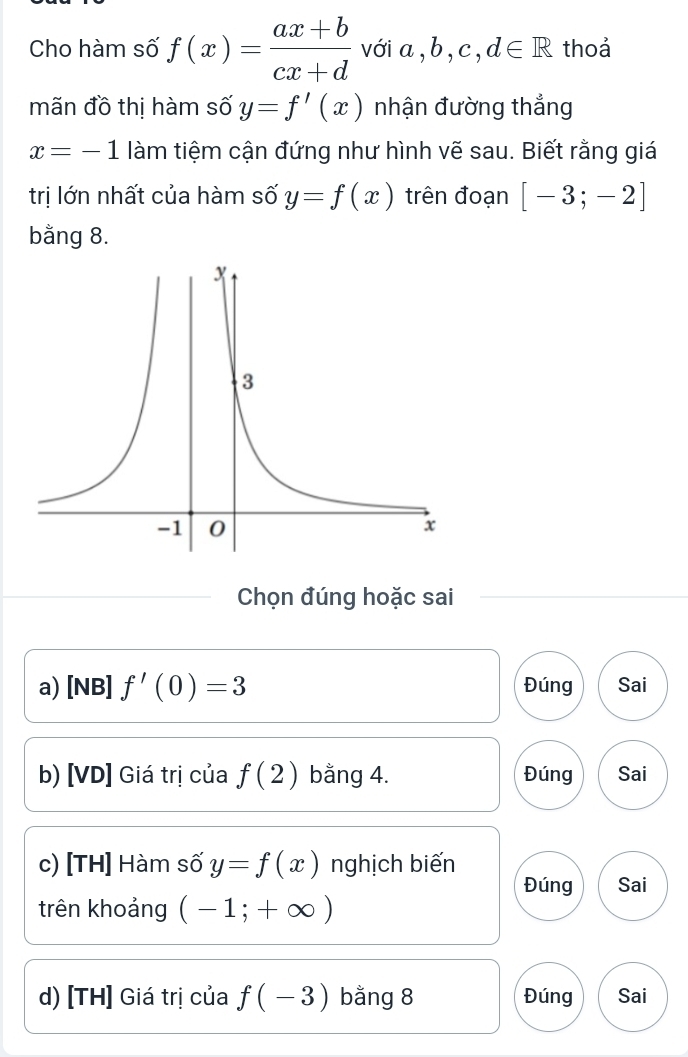 Cho hàm số f(x)= (ax+b)/cx+d voia,b,c,d∈ R thoả
mãn đồ thị hàm số y=f'(x) nhận đường thắng
x=-1 làm tiệm cận đứng như hình vẽ sau. Biết rằng giá
trị lớn nhất của hàm số y=f(x) trên đoạn [-3;-2]
bằng 8.
Chọn đúng hoặc sai
a) [NB] f'(0)=3 Đúng Sai
b) [VD] Giá trị của f(2) bằng 4. Đúng Sai
c) [TH] Hàm số y=f(x) nghịch biến
Đúng Sai
trên khoảng (-1;+∈fty )
d) [TH] Giá trị của f(-3) bằng 8 Đúng Sai