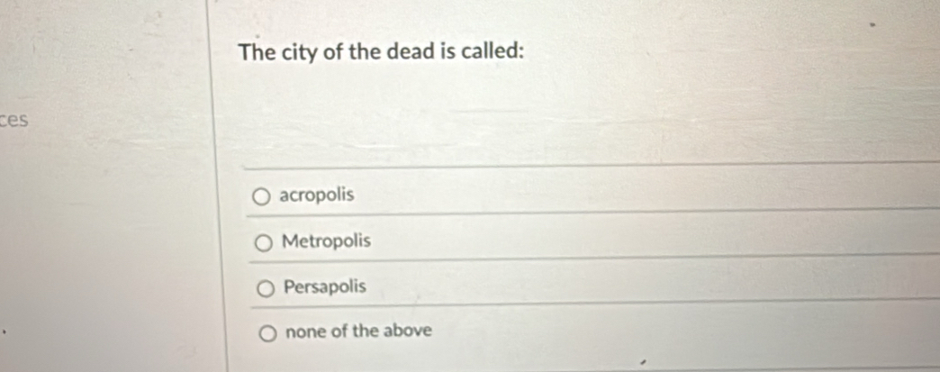 The city of the dead is called:
ces
acropolis
Metropolis
Persapolis
none of the above