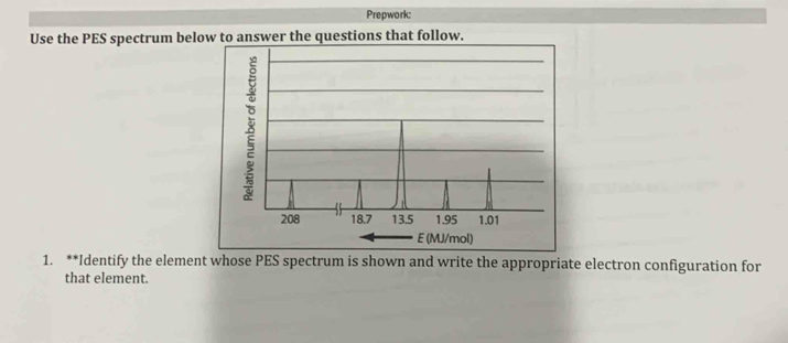 Prepwork: 
Use the PES spectrum below to answer the questions that follow. 
1. **Identify the element whose PES spectrum is shown and write the appropriate electron configuration for 
that element.