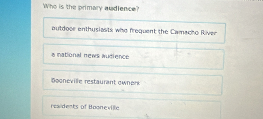 Who is the primary audience?
outdoor enthusiasts who frequent the Camacho River
a national news audience
Booneville restaurant owners
residents of Booneville