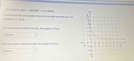 The function f(x)=3(0.35)^x+1 is shown. 
Select from the drop-down menus to correctly describe the end 
behavior of f(x)
As x decreases without bound, the graph of f(x)
Choose 
As x increases without bound, the graph of f(x)
Choose.