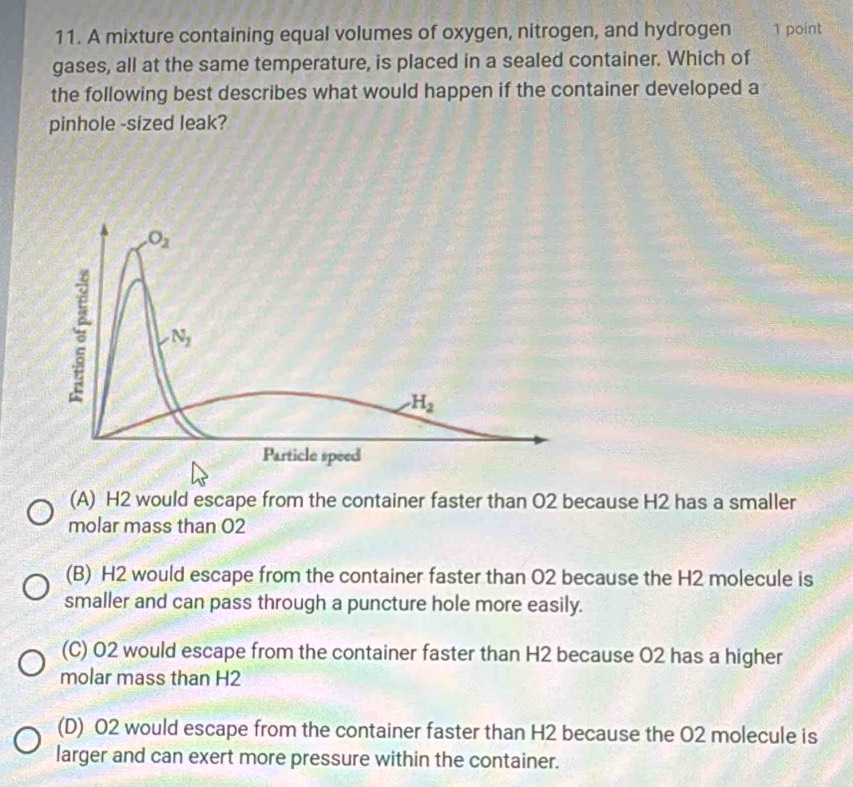 A mixture containing equal volumes of oxygen, nitrogen, and hydrogen 1 point
gases, all at the same temperature, is placed in a sealed container. Which of
the following best describes what would happen if the container developed a
pinhole -sized leak?
(A) H2 would escape from the container faster than O2 because H2 has a smaller
molar mass than O2
(B) H2 would escape from the container faster than O2 because the H2 molecule is
smaller and can pass through a puncture hole more easily.
(C) O2 would escape from the container faster than H2 because O2 has a higher
molar mass than H2
(D) O2 would escape from the container faster than H2 because the O2 molecule is
larger and can exert more pressure within the container.