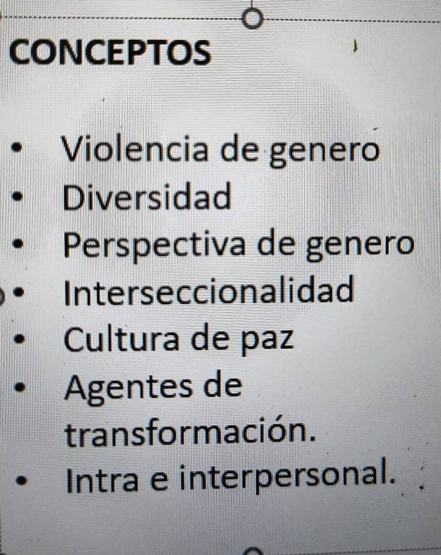 CONCEPTOS
Violencia de genero
Diversidad
Perspectiva de genero
Interseccionalidad
Cultura de paz
Agentes de
transformación.
Intra e interpersonal.