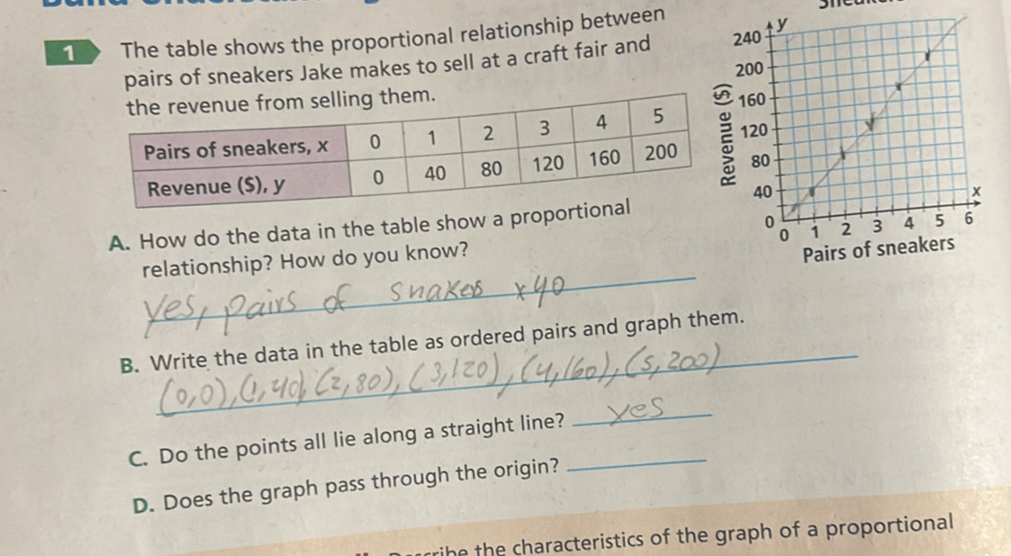 The table shows the proportional relationship between 
pairs of sneakers Jake makes to sell at a craft fair and 
A. How do the data in the table show a prop 
_ 
relationship? How do you know? 
_ 
B. Write the data in the table as ordered pairs and graph them. 
C. Do the points all lie along a straight line?_ 
_ 
D. Does the graph pass through the origin? 
ihe the characteristics of the graph of a proportional