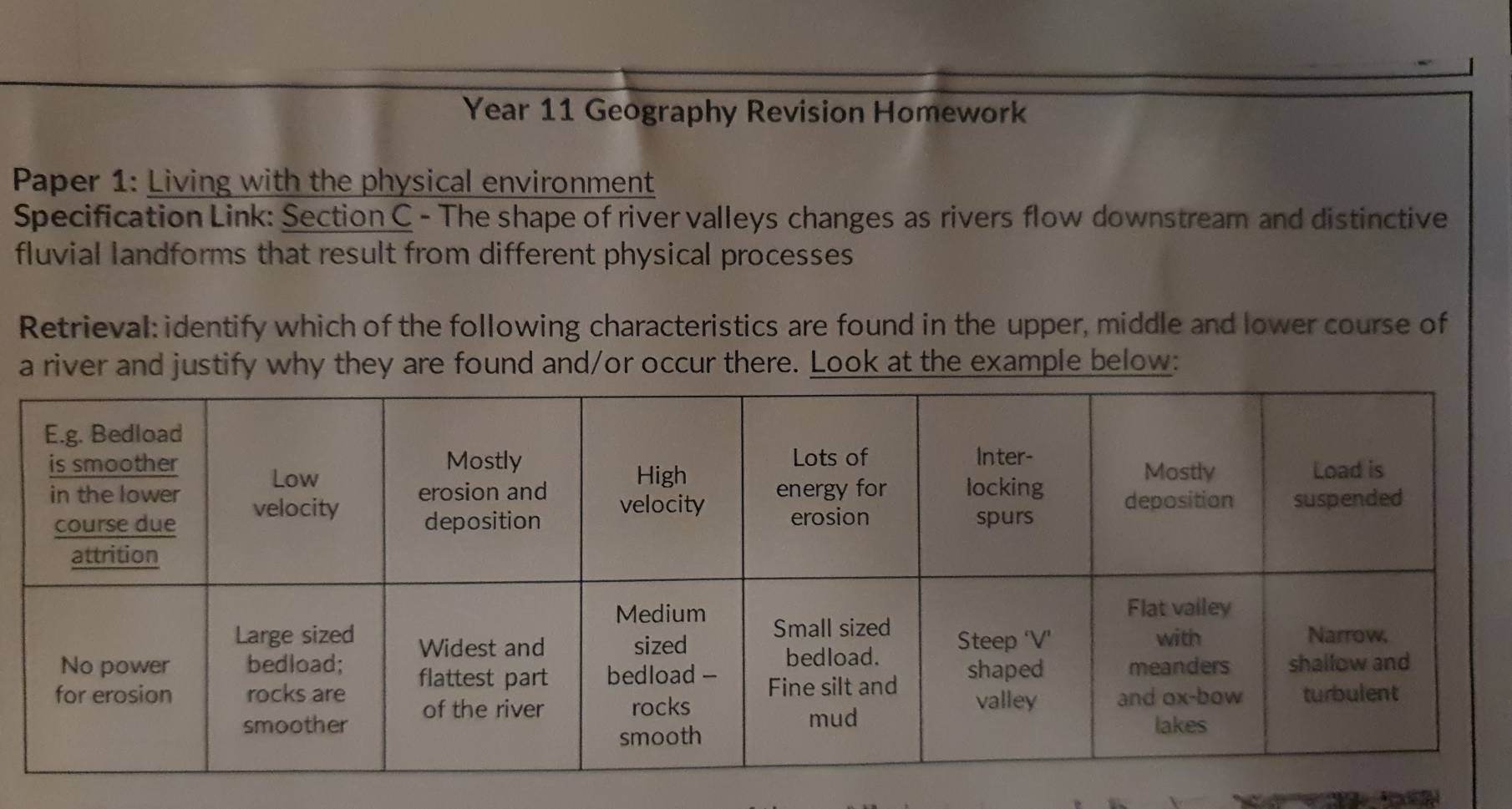 Year 11 Geography Revision Homework 
Paper 1: Living with the physical environment 
Specification Link: Section C - The shape of river valleys changes as rivers flow downstream and distinctive 
fluvial landforms that result from different physical processes 
Retrieval: identify which of the following characteristics are found in the upper, middle and lower course of 
a river and justify why they are found and/or occur there. Look at the example below: