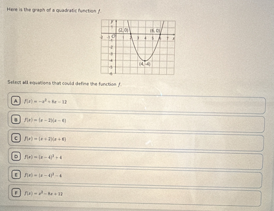 Here is the graph of a quadratic function f.
Select all equations that could define the function f
A f(x)=-x^2+8x-12
B f(x)=(x-2)(x-6)
C f(x)=(x+2)(x+6)
D f(x)=(x-4)^2+4
E f(x)=(x-4)^2-4
F f(x)=x^2-8x+12