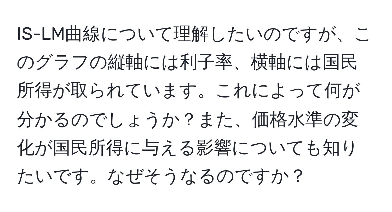 IS-LM曲線について理解したいのですが、このグラフの縦軸には利子率、横軸には国民所得が取られています。これによって何が分かるのでしょうか？また、価格水準の変化が国民所得に与える影響についても知りたいです。なぜそうなるのですか？