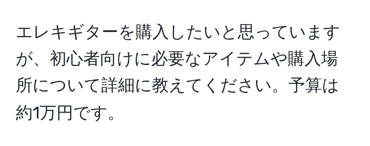 エレキギターを購入したいと思っていますが、初心者向けに必要なアイテムや購入場所について詳細に教えてください。予算は約1万円です。