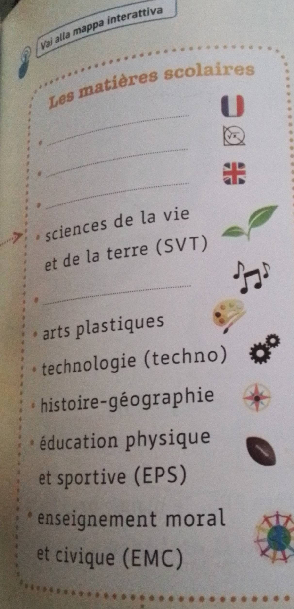 Vai alla mappa interattiva
_
Les matières scolaires
_
_
sciences de la vie
et de la terre (SVT)
_
arts plastiques
technologie (techno)
histoire-géographie
éducation physique
et sportive (EPS)
enseignement moral
et civique (EMC)