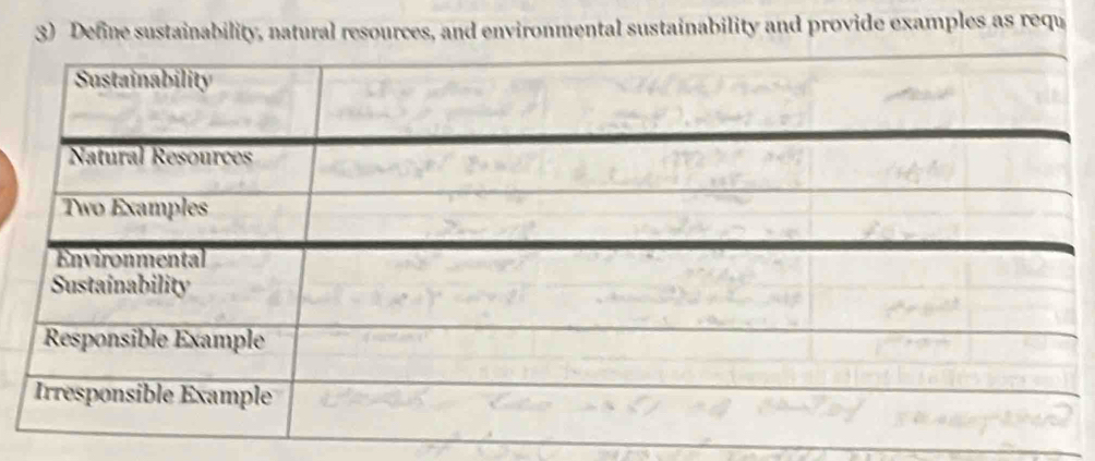 Define sustainability, natural resources, and environmental sustainability and provide examples as requ