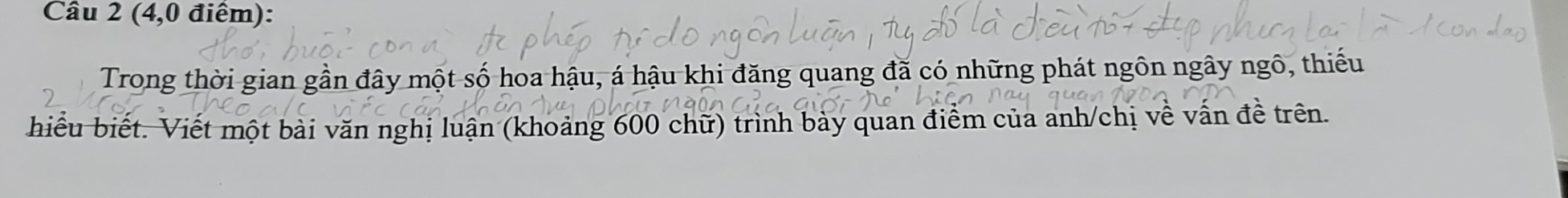 (4,0 điểm): 
Trong thời gian gần đây một số hoa hậu, á hậu khi đăng quang đã có những phát ngôn ngây ngô, thiếu 
hiếu biết. Viết một bài văn nghị luận (khoảng 600 chữ) trình bày quan điểm của anh/chị về vấn đề trên.