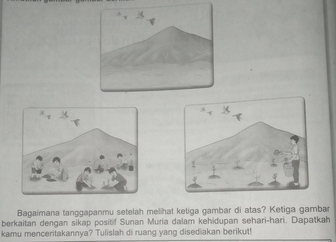 Bagaimana tanggapanmu setelah melihat ketiga gambar di atas? Ketiga gambar 
berkaitan dengan sikap positif Sunan Muria dalam kehidupan sehari-hari. Dapatkah 
kamu menceritakannya? Tulislah di ruang yang disediakan berikut!