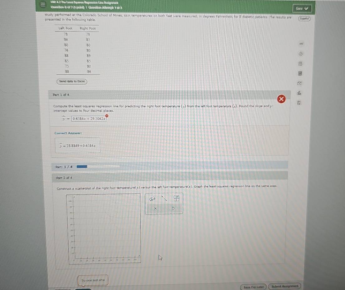 HW: 4.2 The Least-Squeres Regression Line Assignment 
Question 6 of 7 (1 point) | Question Attempt: 1 of 3 Sara 
study performed at the Colorado School of Mines, skin temperatures on both feet were measured, in degrees Fahrenheit, for 8 diabetic patients. The results are 
presented in the following table Esparel 
Send data to Excel 
Part 1 of 4 alk 
X 
Compute the least-squares regression line for predicting the right foot temperature (y) from the left foot temperature (x). Round the slope and y - 
intercept values to four decimal places.
widehat x=0.6584x+29.5042x
Correct Answer:
widehat y=28.8849+0.6584x
Part: 1 / 4 
Part 2 of 4 
Construct a scatterplot of the right foot temperature(y) versus the left foot temperature(x). Graph the least-squares regression line on the same axes.
- 1/2 
× 5 
Try one last time 
Save For Later Submit Assignment