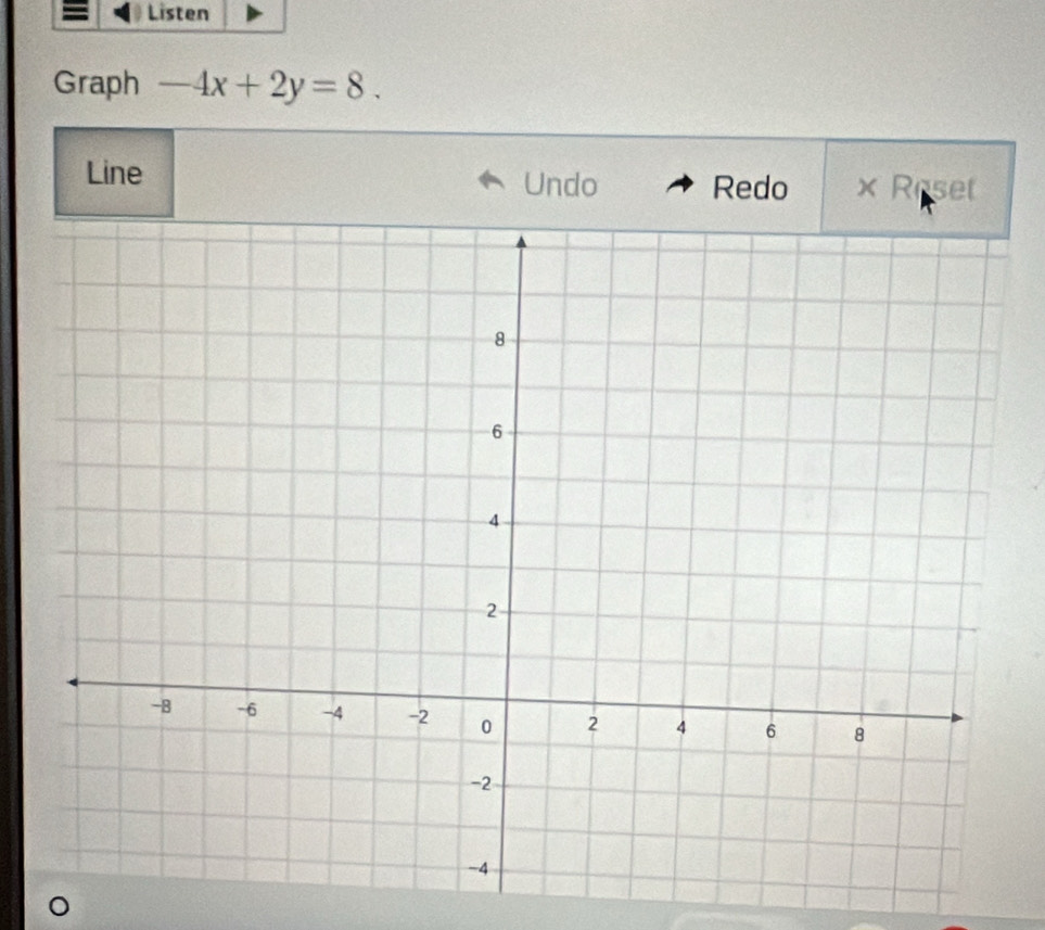 Listen 
Graph -4x+2y=8. 
Line x Reset 
Undo Redo