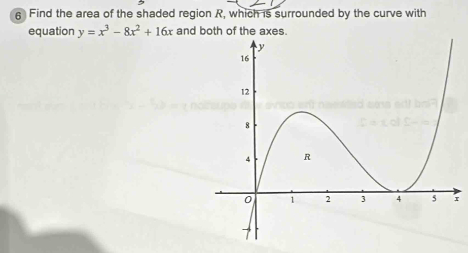 Find the area of the shaded region R, which is surrounded by the curve with 
equation y=x^3-8x^2+16x and both of the axes.
x