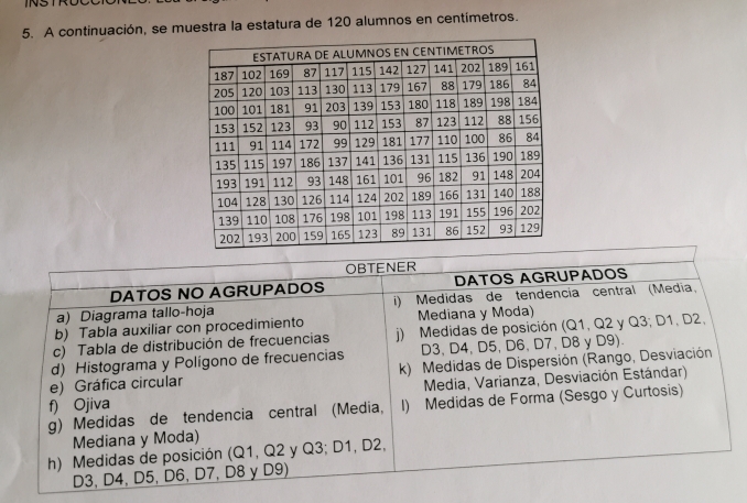 NSTRU 
5. A continuación, se muestra la estatura de 120 alumnos en centímetros. 
OBTENER 
DATOS NO AGRUPADOS DATOS AGRUPADOS 
a) Diagrama tallo-hoja i) Medidas de tendencía central (Medía, 
b) Tabla auxiliar con procedimiento Mediana y Moda) 
c) Tabla de distribución de frecuencias j) Medidas de posición (Q1, Q2 y Q3; D1, D2, 
d) Histograma y Polígono de frecuencias D3, D4, D5, D6, D7, D8 y D9). 
e) Gráfica circular k) Medidas de Dispersión (Rango, Desviación 
f) Ojiva Media, Varianza, Desviación Estándar) 
g) Medidas de tendencia central (Media, I) Medidas de Forma (Sesgo y Curtosis) 
Mediana y Moda) 
h) Medidas de posición (Q1, Q2 y Q3; D1, D2,
D3, D4, D5, D6, D7, D8 y D9)