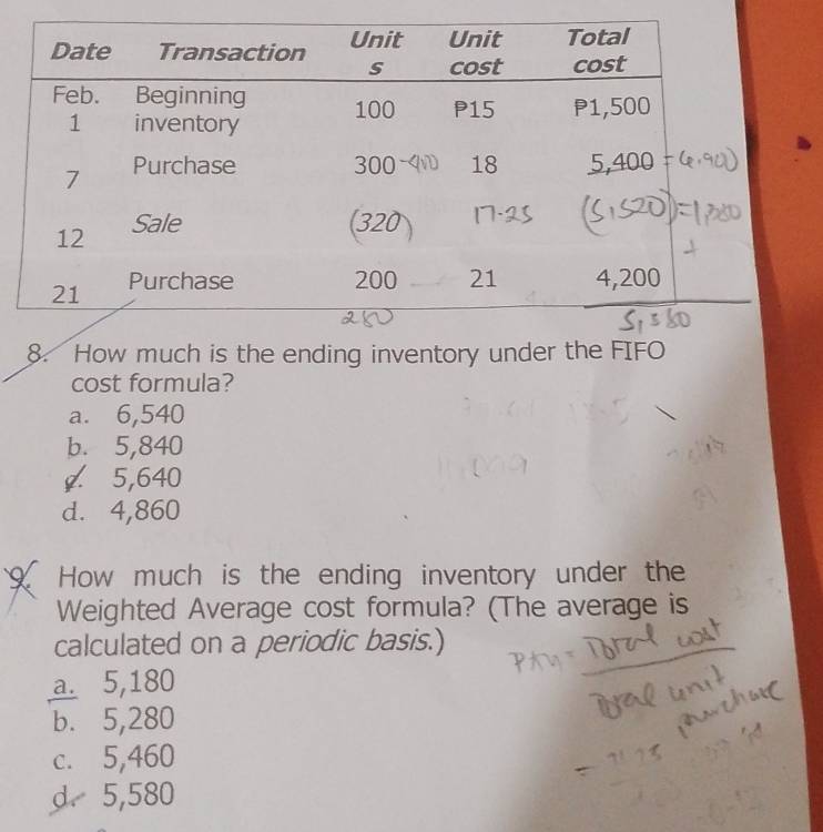 How much is the ending inventory under t
cost formula?
a. 6,540
b. 5,840
ø. 5,640
d. 4,860
9. How much is the ending inventory under the
Weighted Average cost formula? (The average is
calculated on a periodic basis.)
a. 5,180
b. 5,280
c. 5,460
d. 5,580