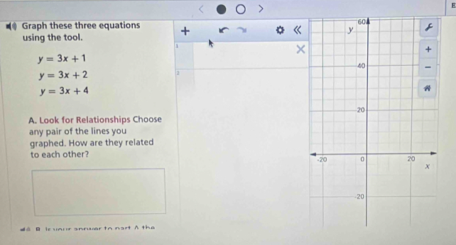 Graph these three equations +
using the tool.
1
×
y=3x+1
y=3x+2
2
y=3x+4
A. Look for Relationships Choose
any pair of the lines you
graphed. How are they related
to each other? 
B Ie vour anrwar to nart A the