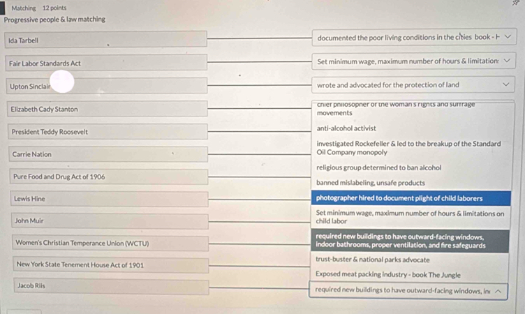 Matching 12 points
Progressive people & law matching
Ida Tarbell documented the poor living conditions in the cities book - H
Fair Labor Standards Act Set minimum wage, maximum number of hours & limitation:
Upton Sinclair wrote and advocated for the protection of land
Elizabeth Cady Stanton movements chier philosopner or the woman s rights and sufrrage
President Teddy Roosevelt anti-alcohol activist
investigated Rockefeller & led to the breakup of the Standard
Carrie Nation Oil Company monopoly
religious group determined to ban alcohol
Pure Food and Drug Act of 1906 banned mislabeling, unsafe products
Lewis Hine photographer hired to document plight of child laborers
Set minimum wage, maximum number of hours & limitations on
John Muir child labor
required new buildings to have outward-facing windows,
Women's Christian Temperance Union (WCTU) indoor bathrooms, proper ventilation, and fire safeguards
trust-buster & national parks advocate
New York State Tenement House Act of 1901 Exposed meat packing industry - book The Jungle
Jacob Riis required new buildings to have outward-facing windows, in △