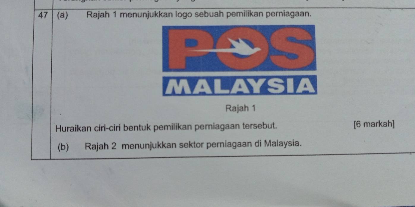 47 (á) Rajah 1 menunjukkan logo sebuah pemilikan perniagaan. 
Rajah 1 
Huraikan ciri-ciri bentuk pemilikan perniagaan tersebut. [6 markah] 
(b) Rajah 2 menunjukkan sektor perniagaan di Malaysia.