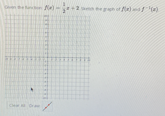 Given the function: f(x)= 1/2 x+2. Sketch the graph of f(x) and f^(-1)(x). 
Clear All Draw: