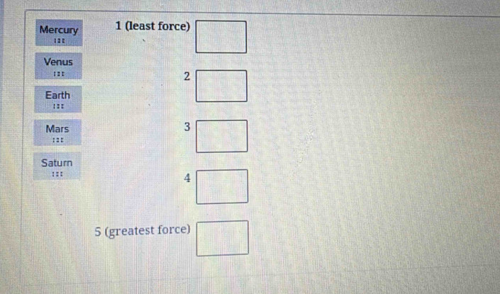 Mercury 1 (least force) □ 
Venus 
11' 
2 71, 11, 17
□^(□)
Earth
||overline 
: : : 
Mars 3 
: : : 
Saturn 
: : : 
4 
5 (greatest force) □