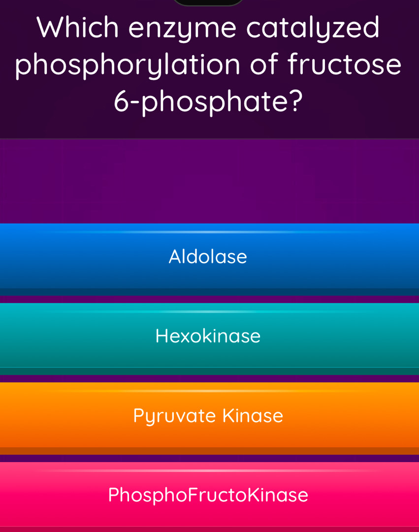 Which enzyme catalyzed
phosphorylation of fructose
6 -phosphate?
Aldolase
Hexokinase
Pyruvate Kinase
PhosphoFructoKinase