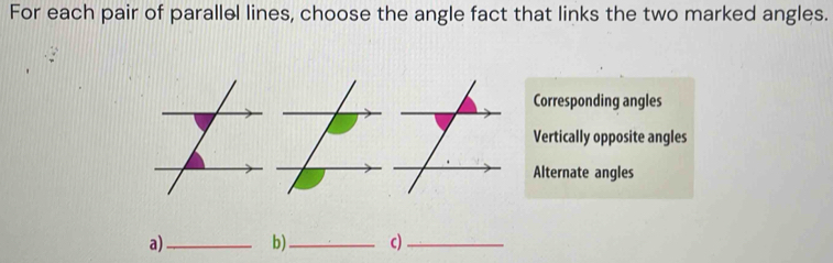 For each pair of parallel lines, choose the angle fact that links the two marked angles.
Corresponding angles
Vertically opposite angles
Alternate angles
a) _b)_ c)_